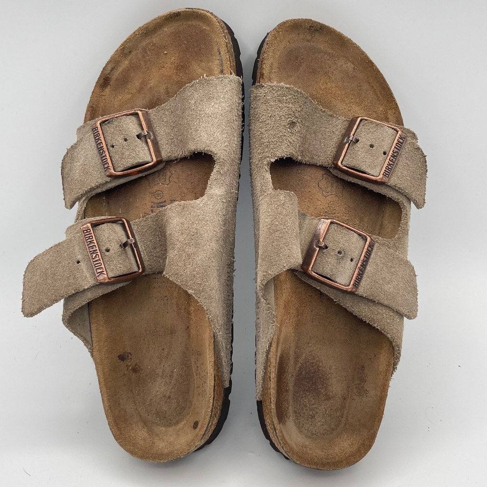 Birkenstock Arizona Taupe Suede Two Strap Buckle Sandals Slides 39